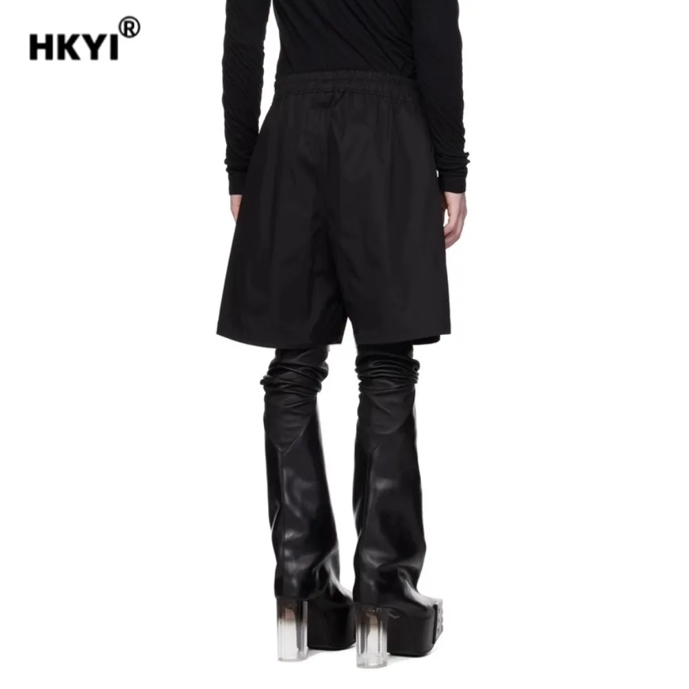 HKYI Men's and Women's Spring/Summer Black Split Five Part Pants with Drawstring Elastic Loose Wide Leg Shorts