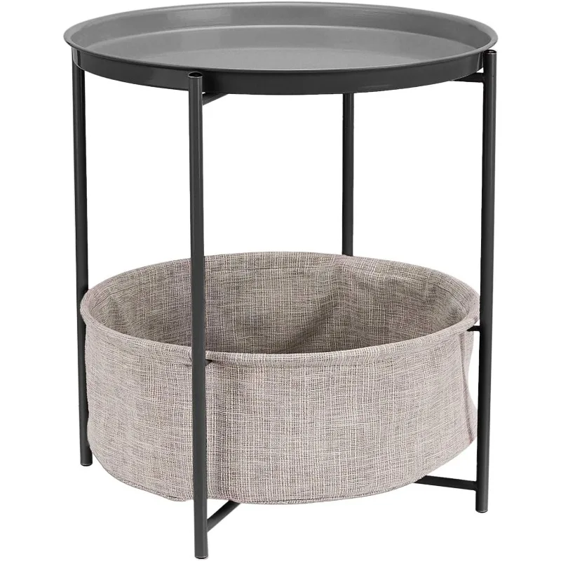 

Round Storage End Table, Side Table with Cloth Basket, Charcoal/Heather Gray, 17.7 x 17.7 x 18.9 in