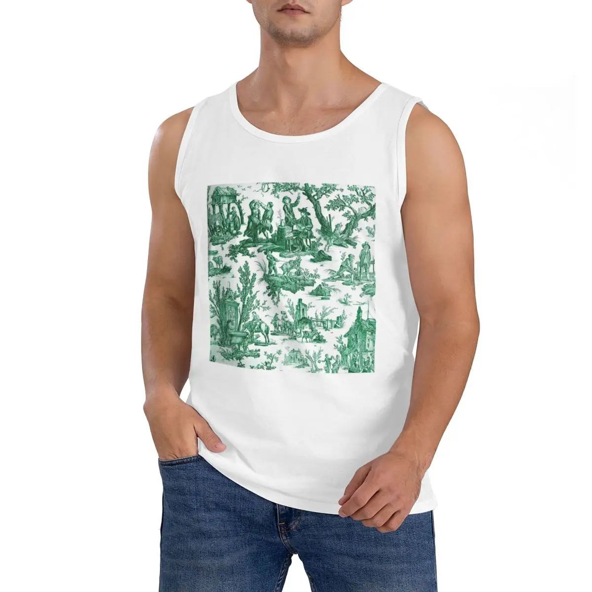 100% Cotton Vintage French Toile De Jouy Motif Sleeveless T-Shirt Men Workout Sports Clothing Tops Men's Crew Neck Vest