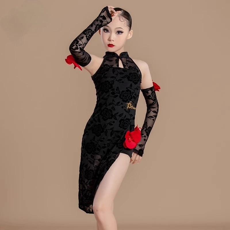 Costume da allenamento per danza latina Ragazza Nuovo costume da spettacolo per bambini Regolazioni della competizione Abito da ballo latino