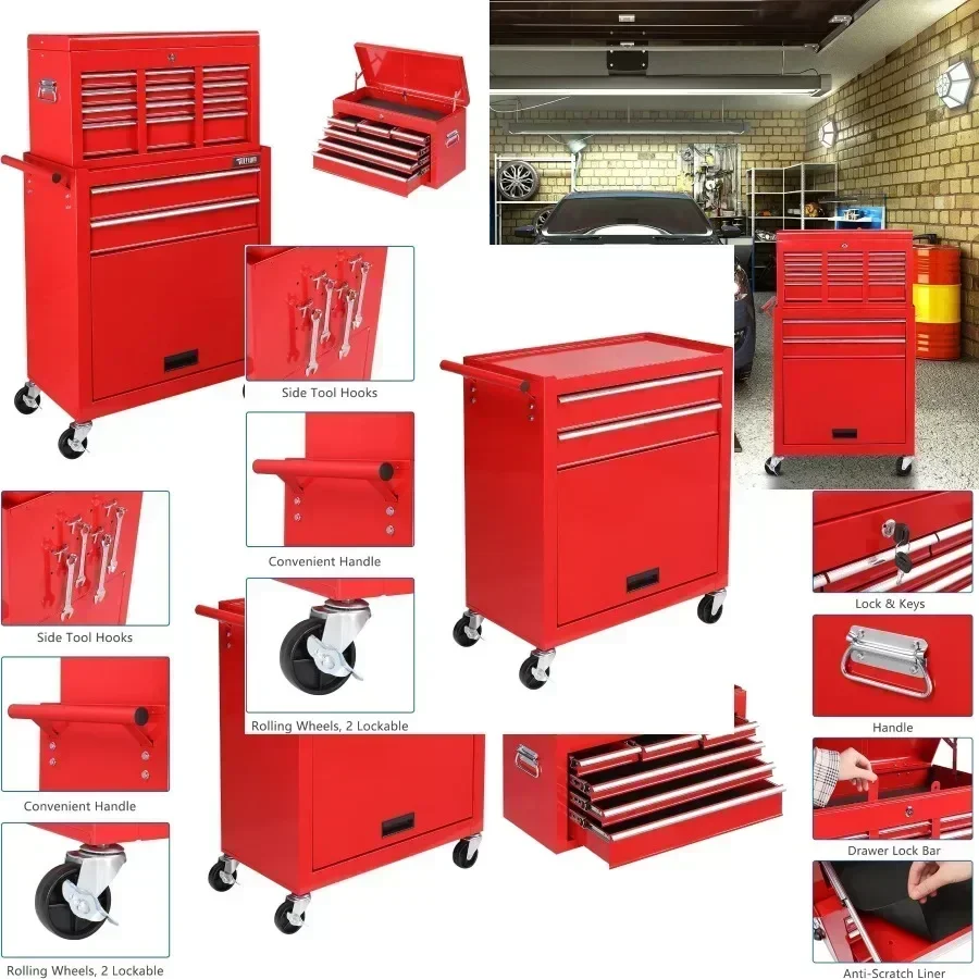 8-Drawer Rolling Tool Chest, Tool Storage Cabinet Lockable Wheels, Detachable Top, Drawers and Side Hooks, Mechanic Tool Orga