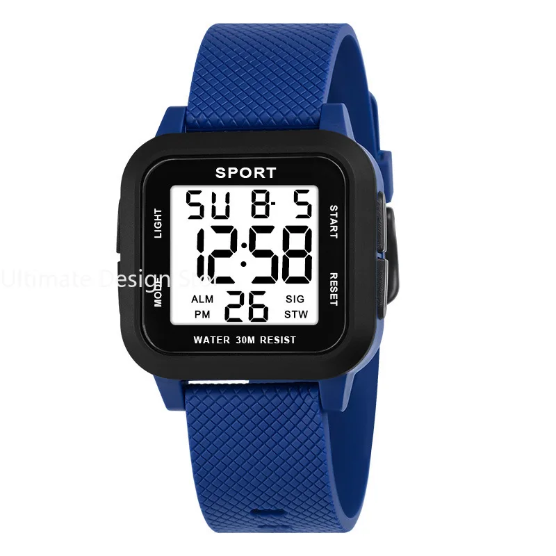 Homens à prova d'água LED Digital Sports Watch, Eletrônico relógio de pulso, Alarme, Chrono Relógio, 3Bar, Preto