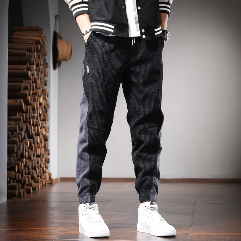 Winter Men's Warm Fleece Sweatpants Black Plaid Corduroy Pants Fashion Sports Baggy Elastic Waist Drawstring Jogging Trousers