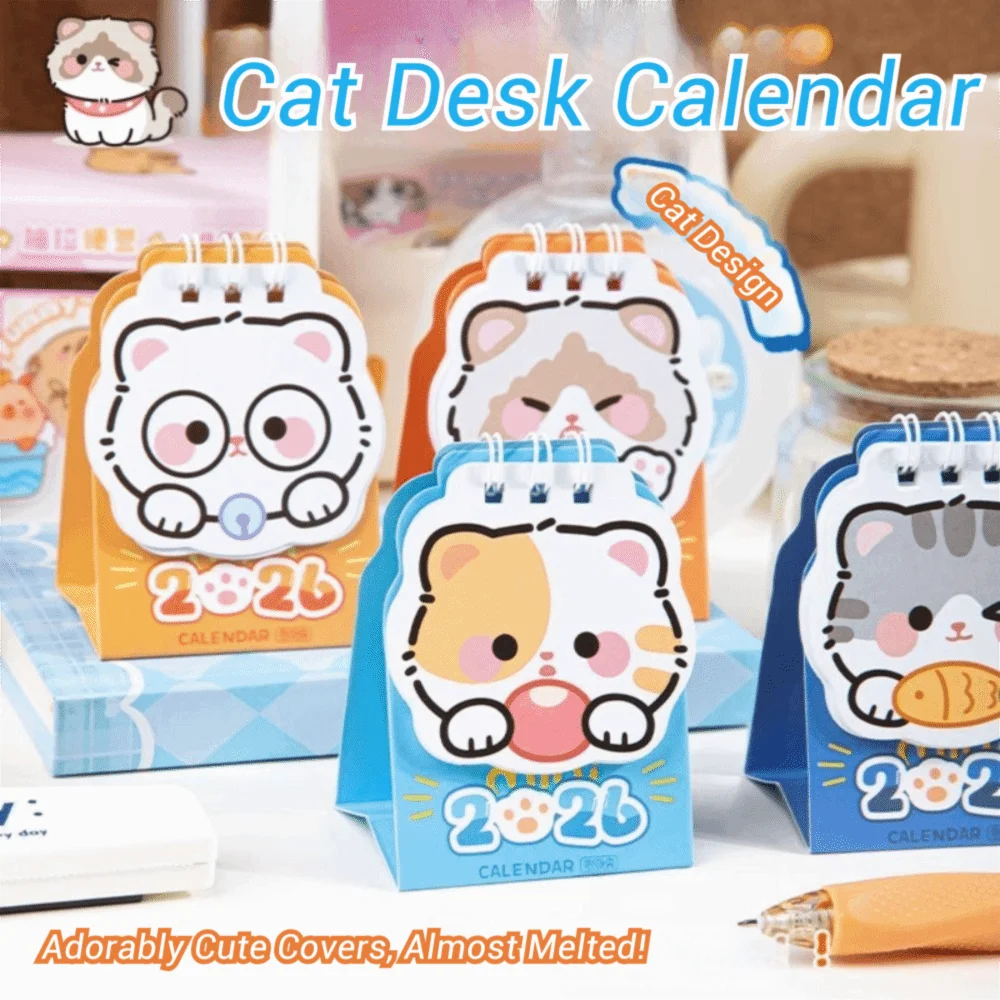 Simpatico mini calendario da tavolo 2026 Cartoon Cat Schedule Mark Coil Calendario Planner giornaliero portatile Accessori da scrivania per ufficio