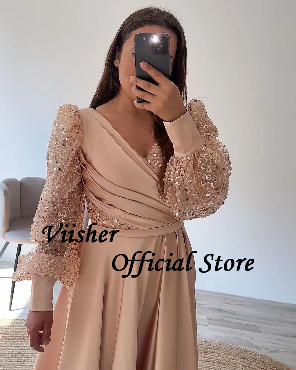 Visher saudi arabische Abendkleider Pailletten Langarm falten Satin V-Ausschnitt Foraml Kleid knöchel langes Dubai Ballkleid