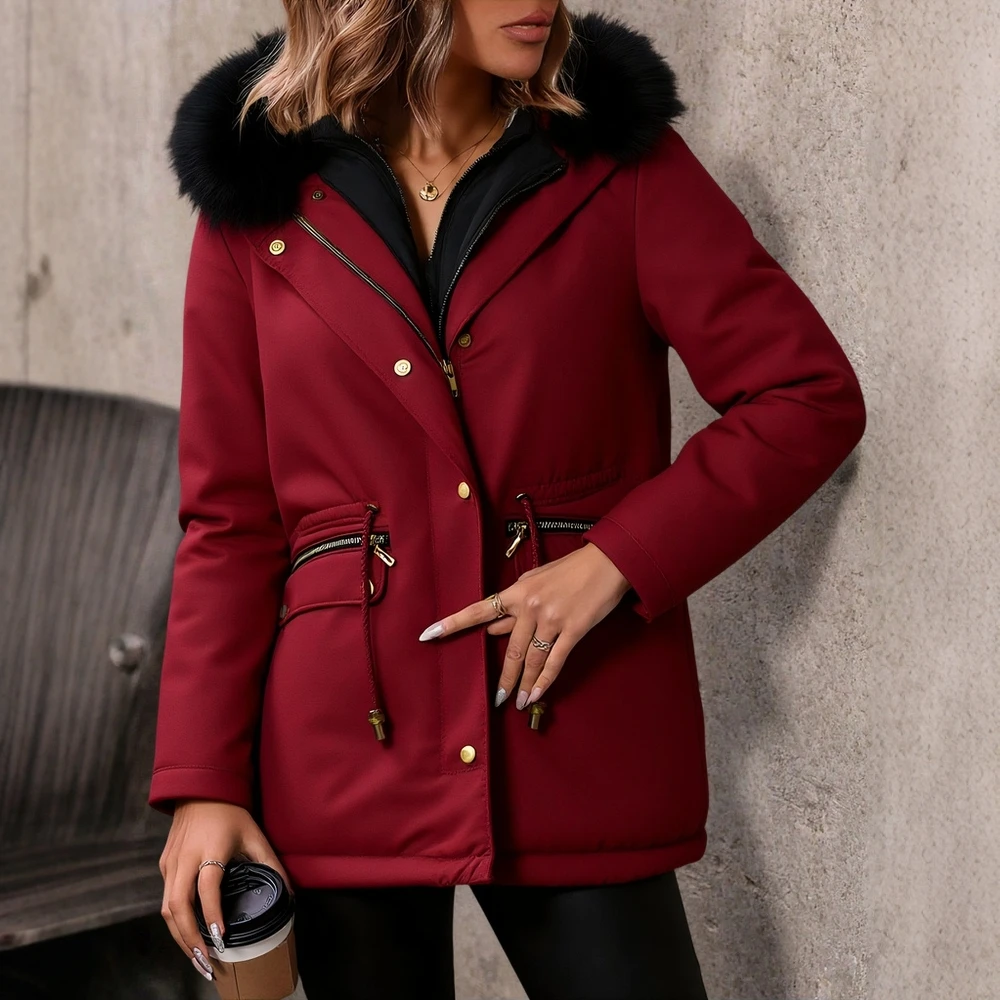 

Женское осеннее пальто с длинным рукавом и пушистым капюшоном, осенние длинные пальто на пуговицах, повседневные теплые термокуртки на флисовой подкладке с карманами, черные