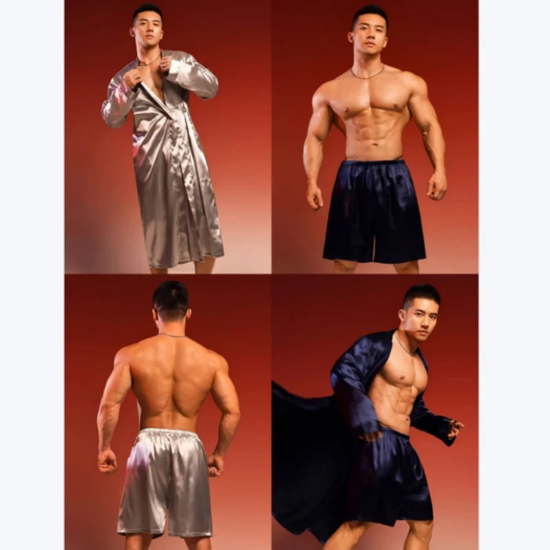 Solid Color Comfortable Glossy Homewear Men's Thin Pajamas Bathrobe Set Sports Satin Sleep Robe Shorts 2 Piece Sets