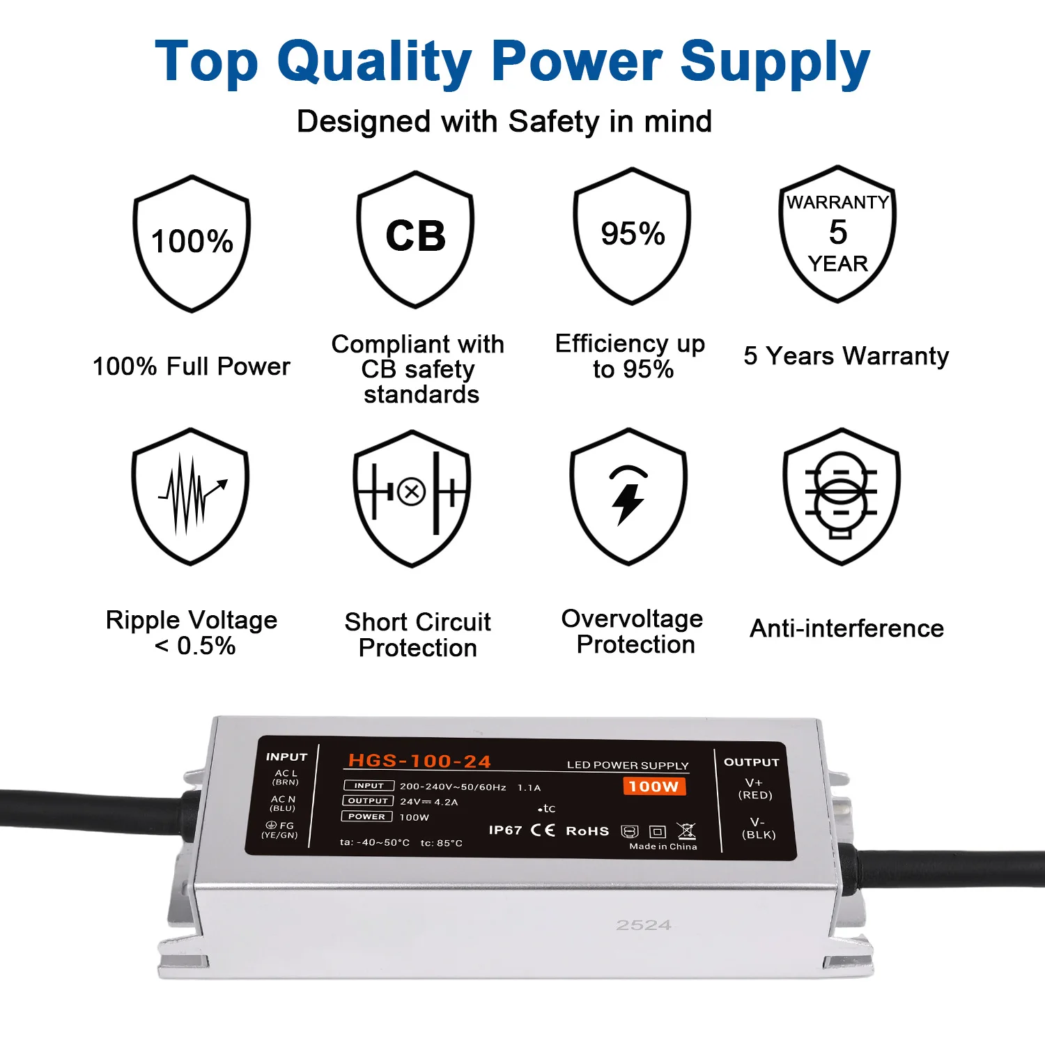 مصدر طاقة مقاوم للماء IP67 محولات إضاءة LED خارجية 50 واط 100 واط 200 واط 300 واط 400 واط محول لشريط LED DC24V