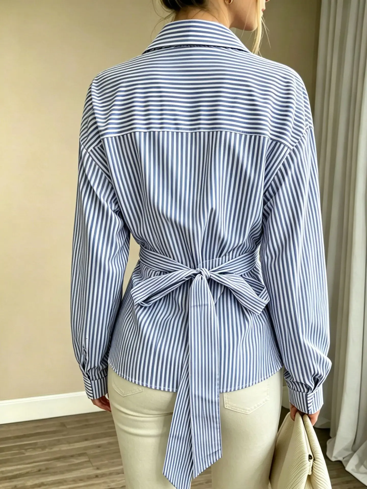 New women's clothing - fashionable vertical stripe wrap-around fitted waist-shaping slimming comfortable long-sleeved shirt view 4