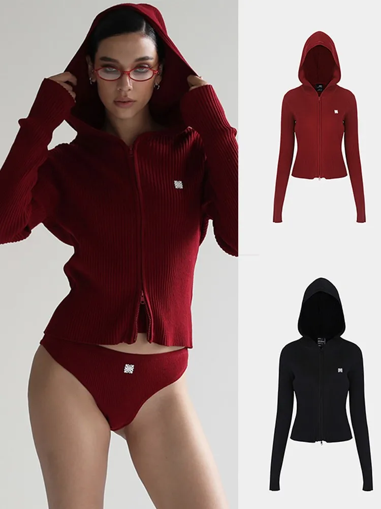 

American Red Sweater Cardigan Casual Zipper Hooded Long Sleeve Women's Fashion Knitted Top Trendy Commute Style Pure Color