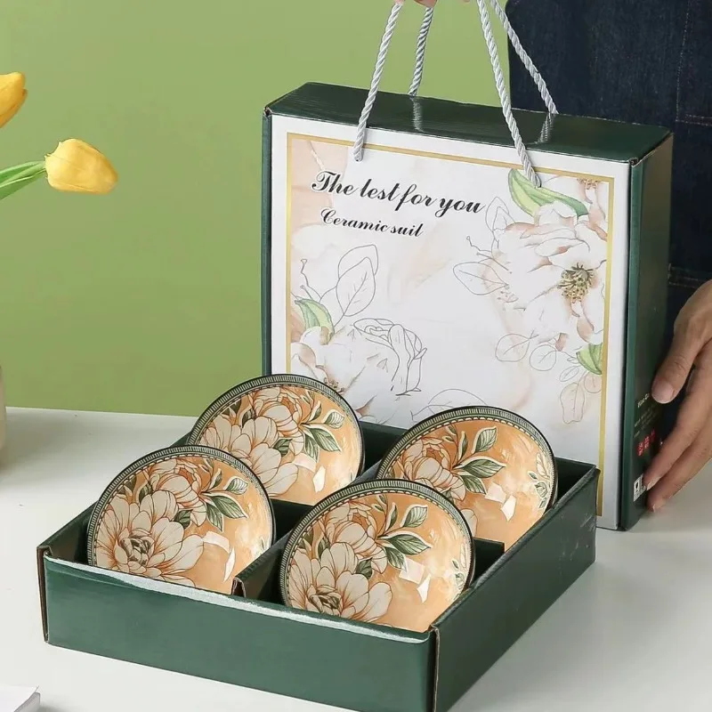 

Керамическая чаша с узором камелии и набор палочек для еды Подарочная коробка Посуда для ежедневного использования