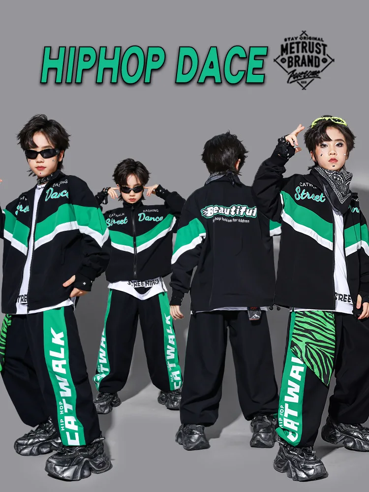 Kids Hip Hop Dance Outfit Black‑Green Block Zip‑Up Jacket Pants Boys Girls Street Dance Tracksuit For Stage Hip‑Hop Costumes