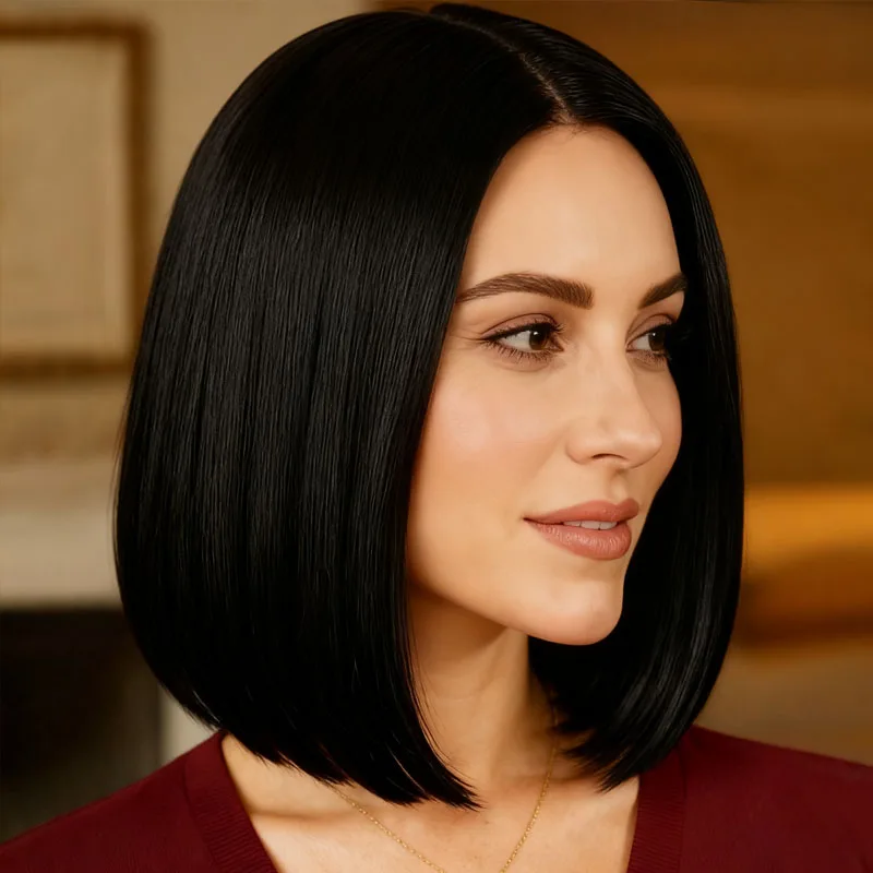 

Женский 12-дюймовый черный синтетический парик в сочетании с помощью модного многофункционального высокотемпературного волокна, подходит для повседневного ношения.