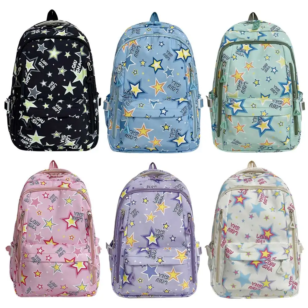 Y2K Star Fashion Backpack Junior High School Students Backpack Nylon Daily Rucksack Aesthetic Large Capacity for Teen Students