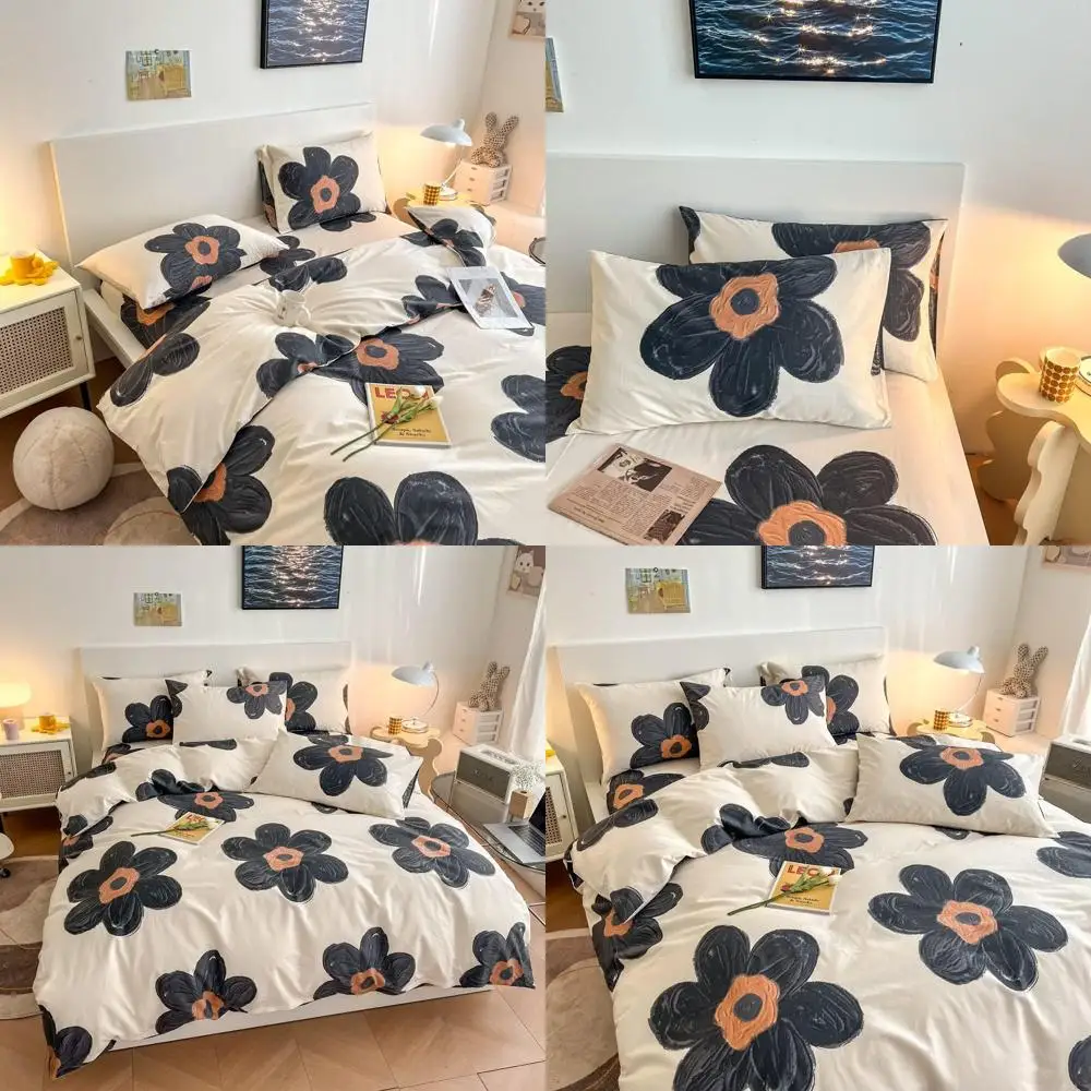 

Комплект пододеяльников с милым мультяшным цветочным принтом, постельное белье из 100% хлопка для детей, темно-серый и черный кремовый цвет, 1 пододеяльник Queen + 2 пилота