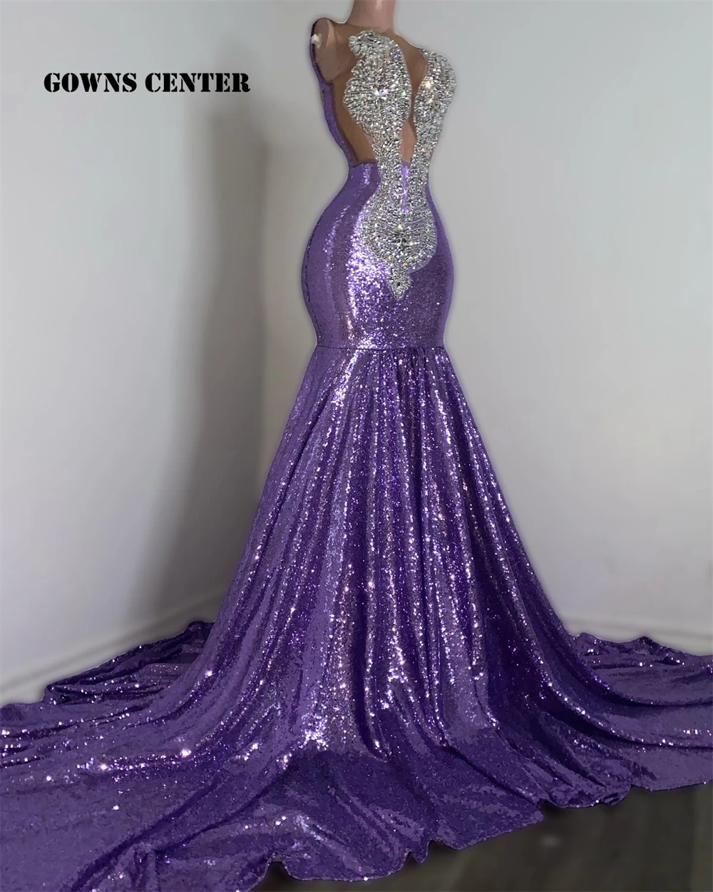 Shiny Purple Long Train Silver Rhinestone Prom Dress 2024 Blackgirl Mermaid Party Dress Women Elegant Luxury See Thru Customized