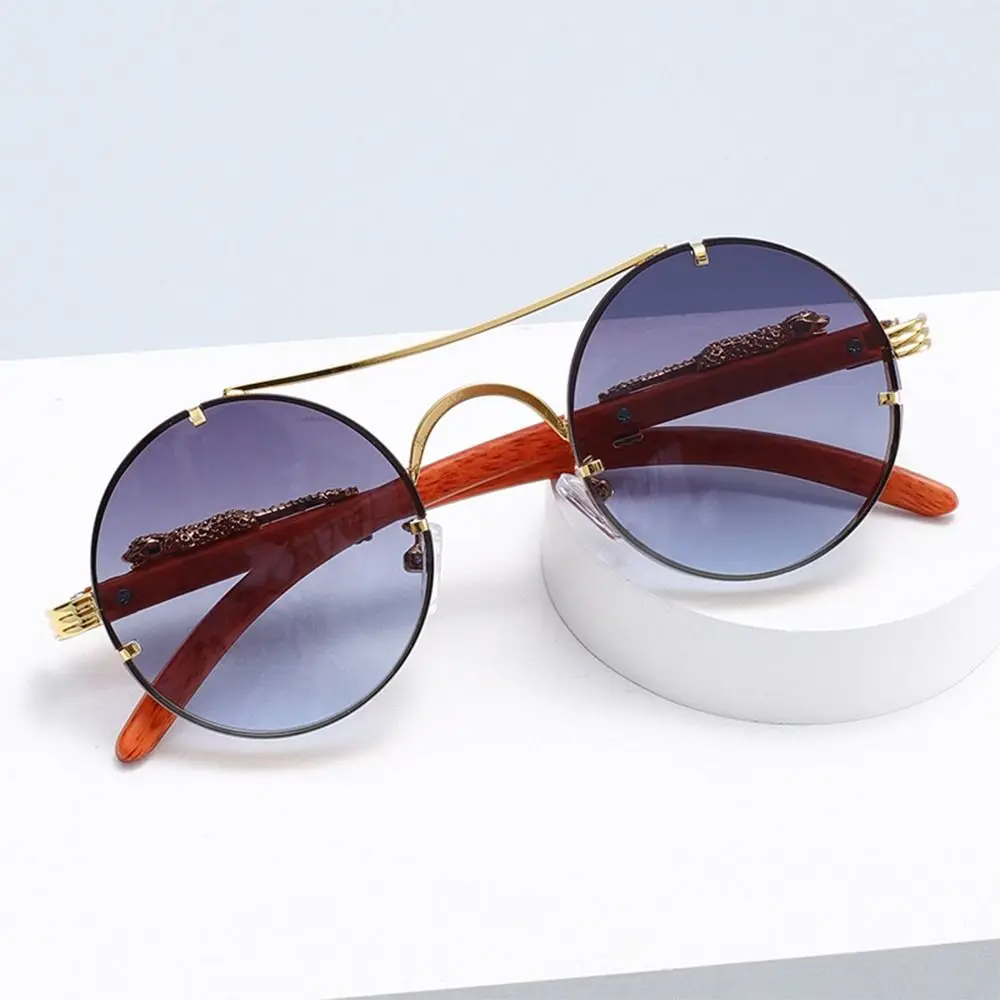 Multicolor Luxury Design Round Sunglasses Double Bridge UV Protection Gradient Shades Cheetah Decoration Eyewear Unisex