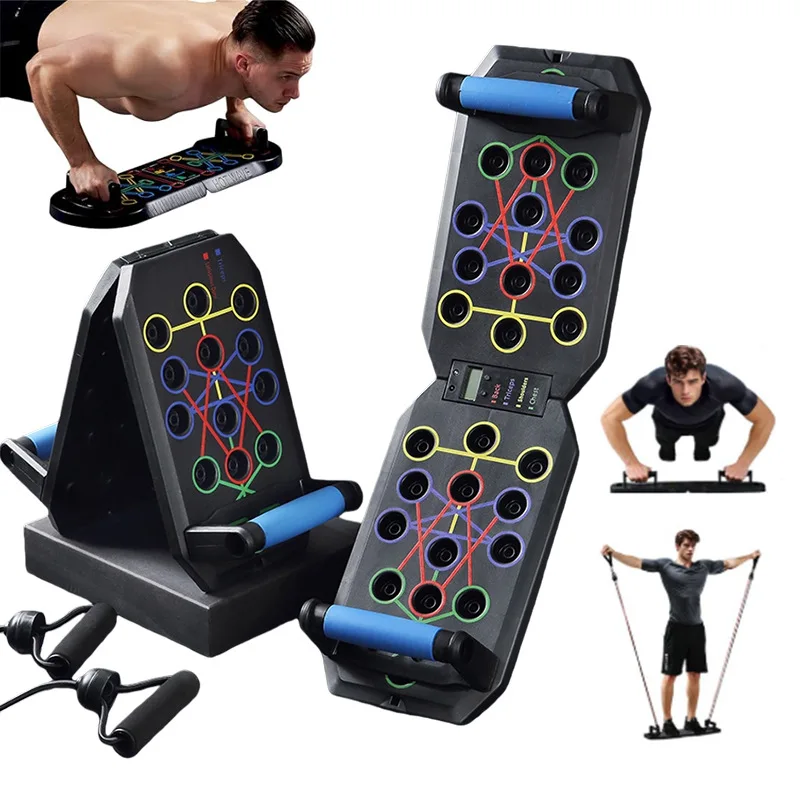 Foldable Push‑Up Board System, Multi‑Color Position Marked Push Up Stand with Resistance Bands, Portable Chest Shoulder Tricep Back Strength Training Equipment for Home Gym Full Body Workout