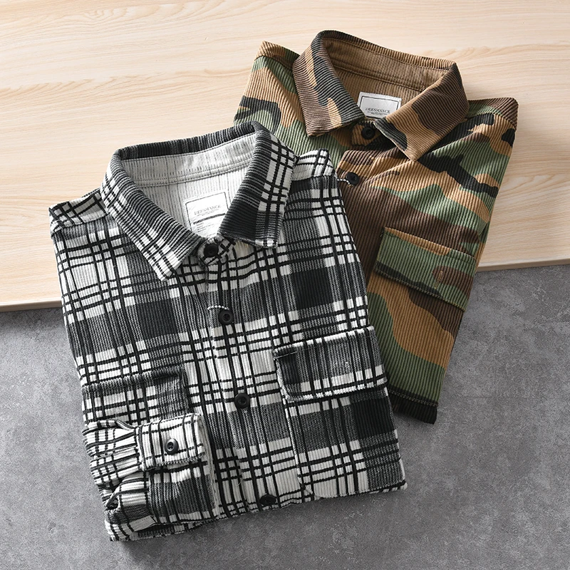 

Spring and Autumn New American Retro Corduroy Camouflage Cargo Shirt Men's Pure Cotton Long-sleeved Pocket Casual Blouses Coat