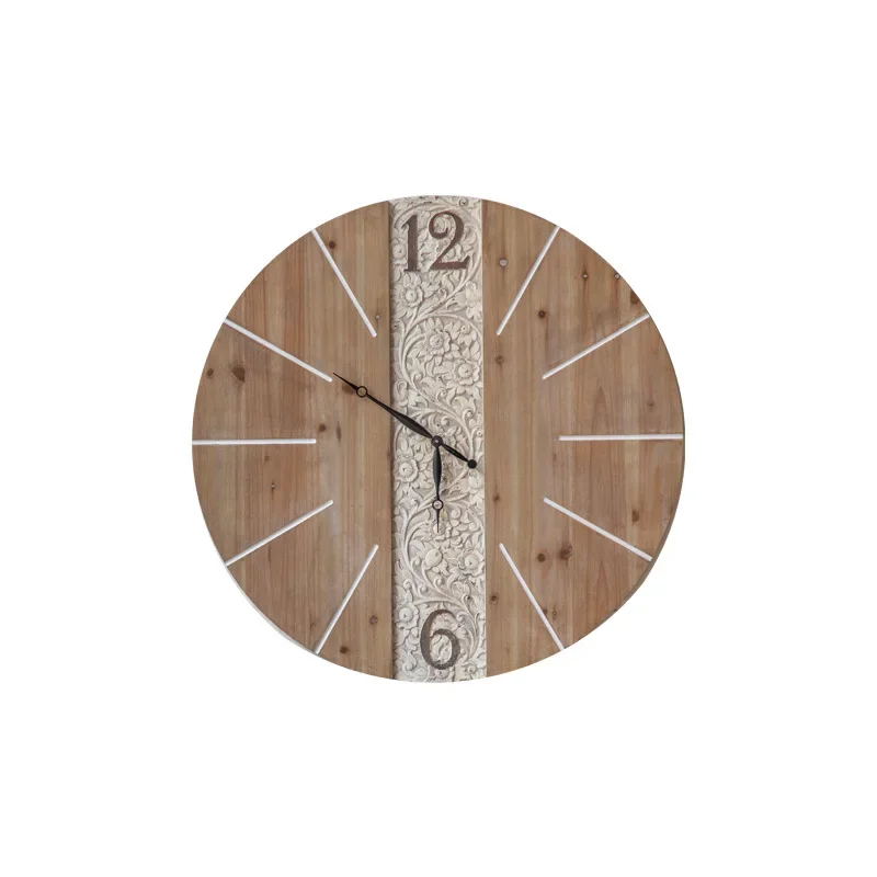 

American retro creative individual wall clock living room round wabi sandy wind solid wood clock B & B lobby oversized clock