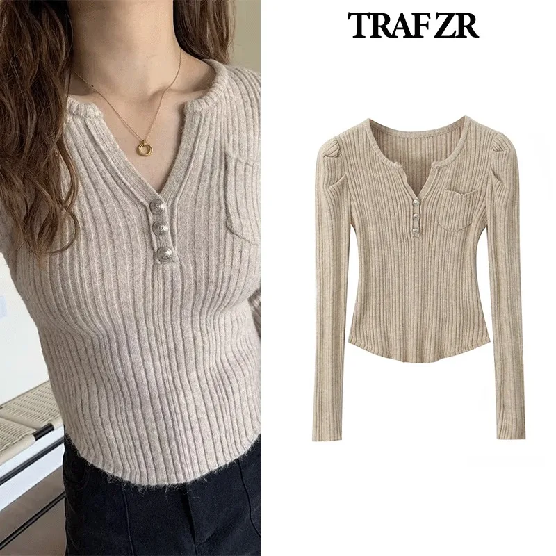 TRAF ZR Cozy Sweaters Y2k Vintage Top Puff Sleeve Slim Fit Pullovers Summer Knitwear Long Sleeve Sweaters Sexy V-Neck Pullover