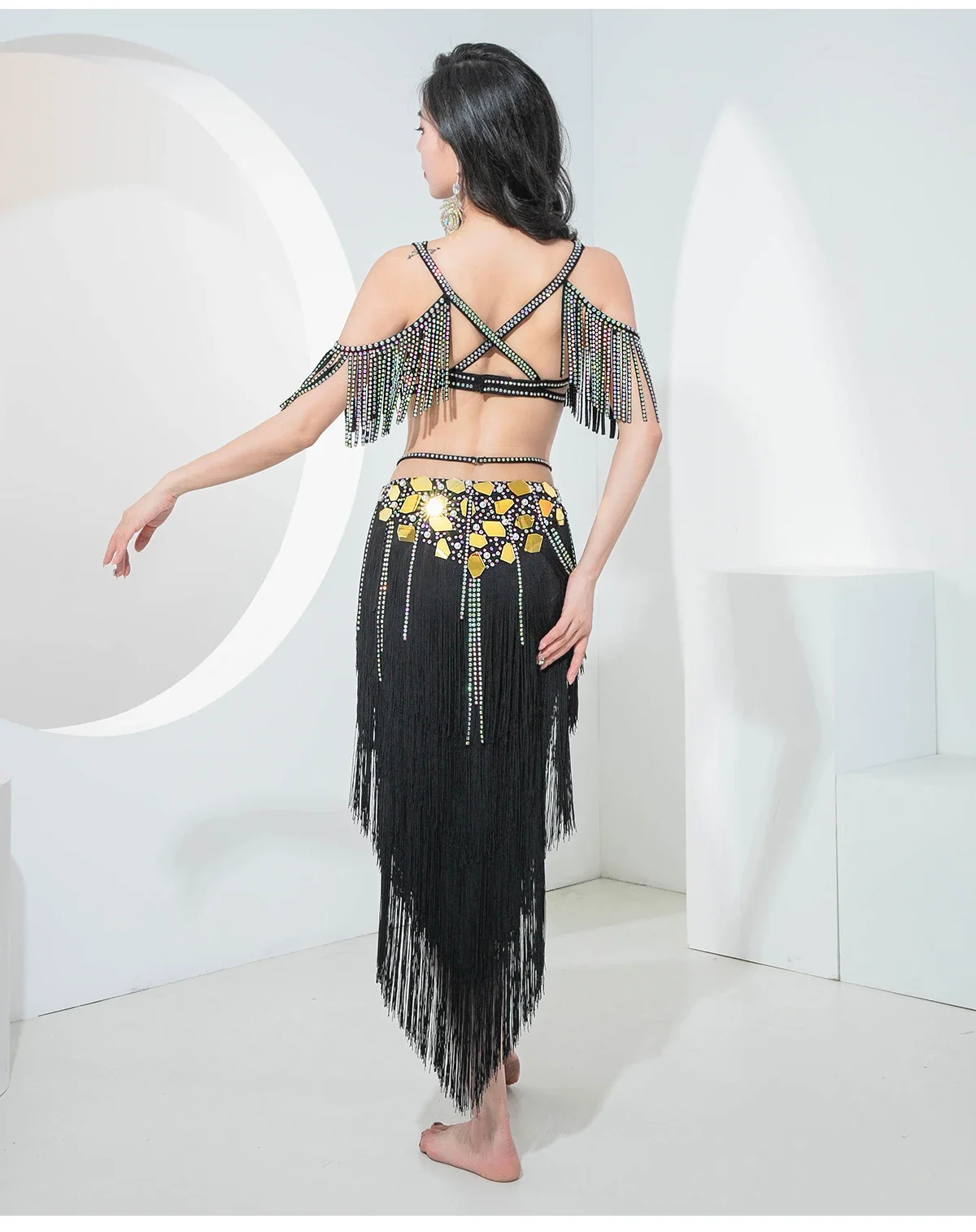 Sexy feminino tambor solo dança abertura traje de dança competição dança do ventre oriental frisado sutiã franjas hip saia 2 pçs outfit