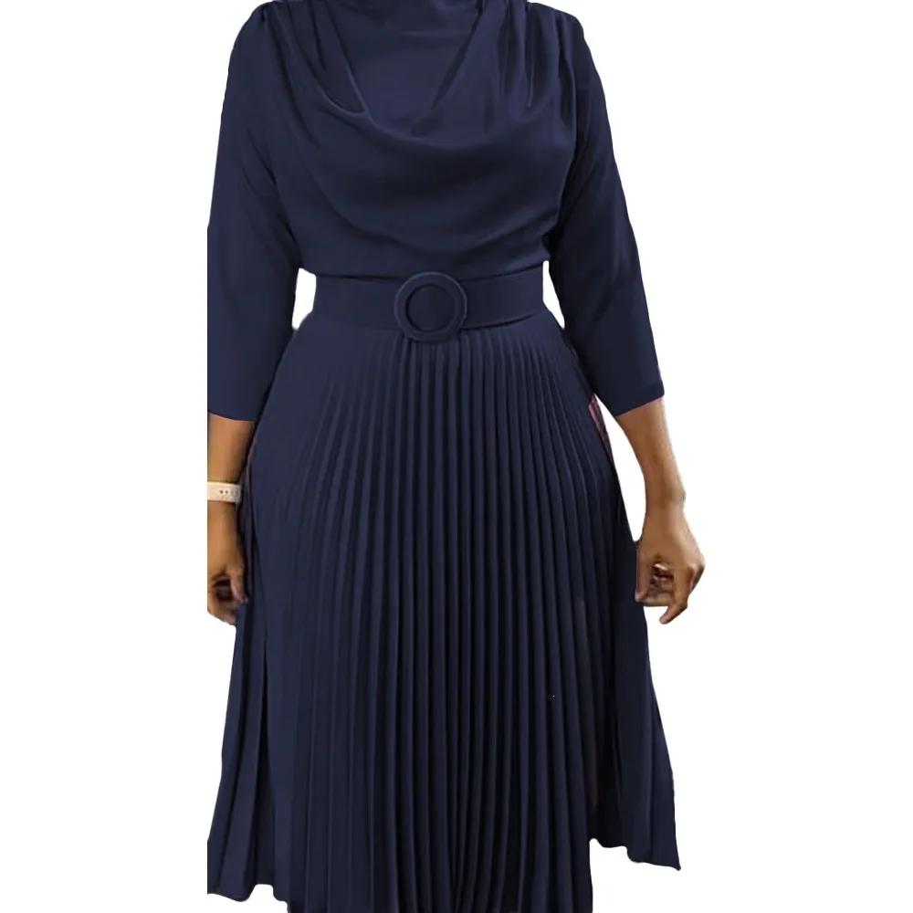 JENYAGE Damen Einfarbiges, schlichtes, fließendes Midikleid mit Wasserfallausschnitt, 3/4-Ärmeln und plissiertem Rock, mit Gürtel mit Schnalle, elegantes, formelles Partykleid – Detail 10