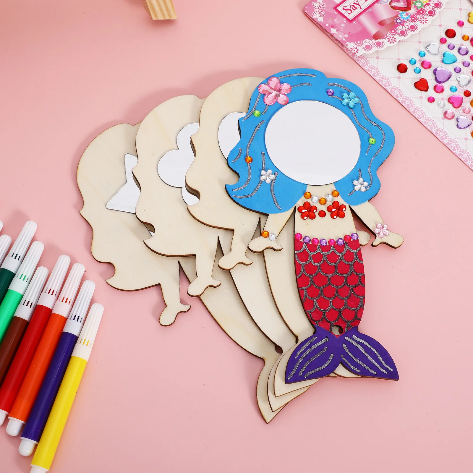 

1Set Mermaid Mirror Craft Kit Handheld DIY Mirror with Painting Brushes High Definition Surface Birthday Party Favors for Kids