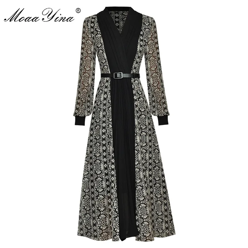 

MoaaYina Fashion Designer dress Spring Women's Dress Folds V-neck Long sleeve Embroidery Lace-up Elegant Dresses