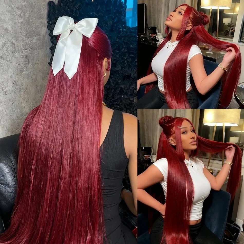200 Dichte Lace Front Perücken Echthaar 13x4 HD Lace Frontal Perücken Echthaar 30 Zoll Rote Perücken 99j Burgunderrot Glatt