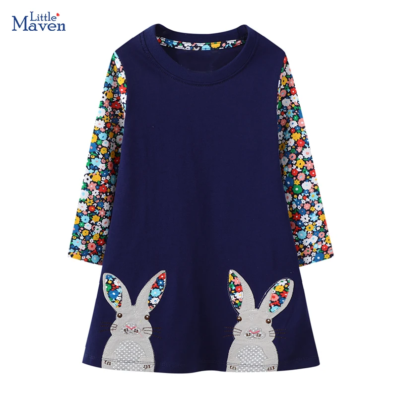 Little maven Baby Girls 2026 Spring Autumn Dress Kids Clothes Long Sleeve Cartoon Rabbits Dress Children's Clothing Cotton