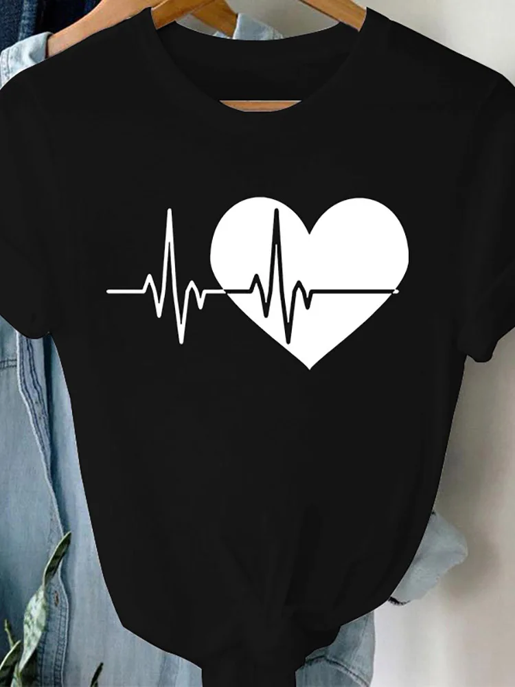 T-Shirt z grafiką dla kobiet t-shirty z krótkim rękawem lato dla kobiet Love Heart walentynki Heartbeat Casual z krótkim rękawem modna koszulka Regular