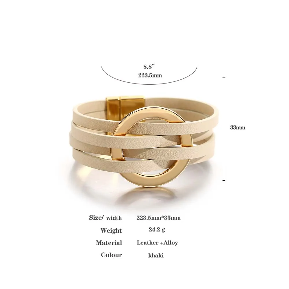 ALLYES Trend Gold Color Hollow Circle Leather Bracelets for Women Men Bohemian Simple Multilayer Wrap Bracelets Charm Jewelry