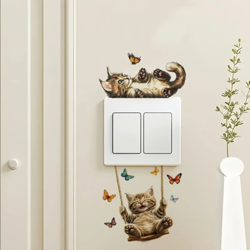Cartoon Kitten Decal Self Adhesive PVC Removable Cute Cat Switch Sticker Wall Decor Living Room Bedroom Bathroom Cat Lover Gifts
