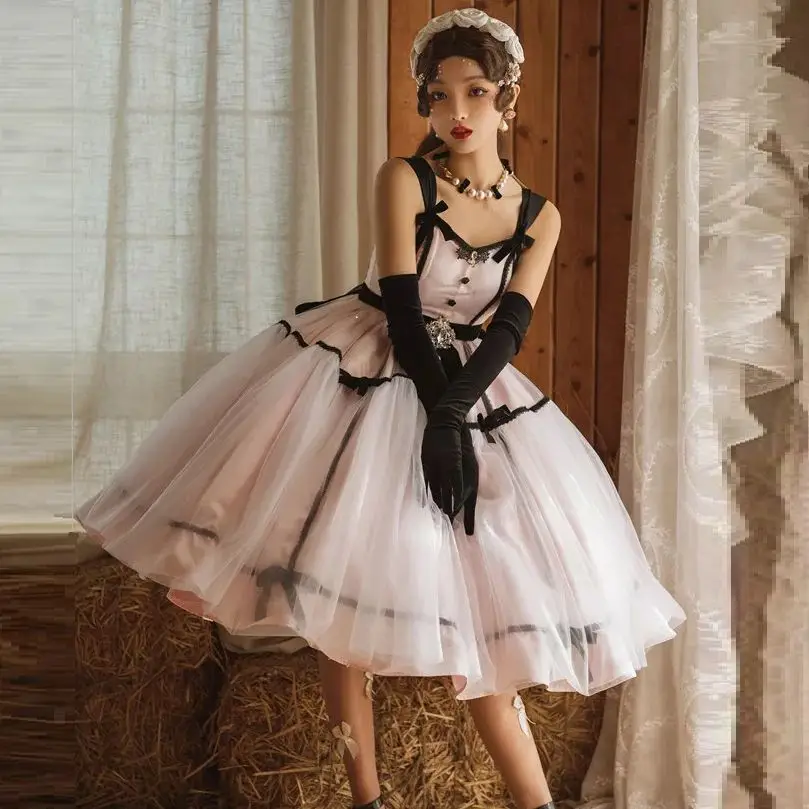 Pink Girl Classic Princess Lolita Midi Long Ball Gown Dress Layered Satin Tulle Party Dress With Bow Puffy Pink Birthday Dress