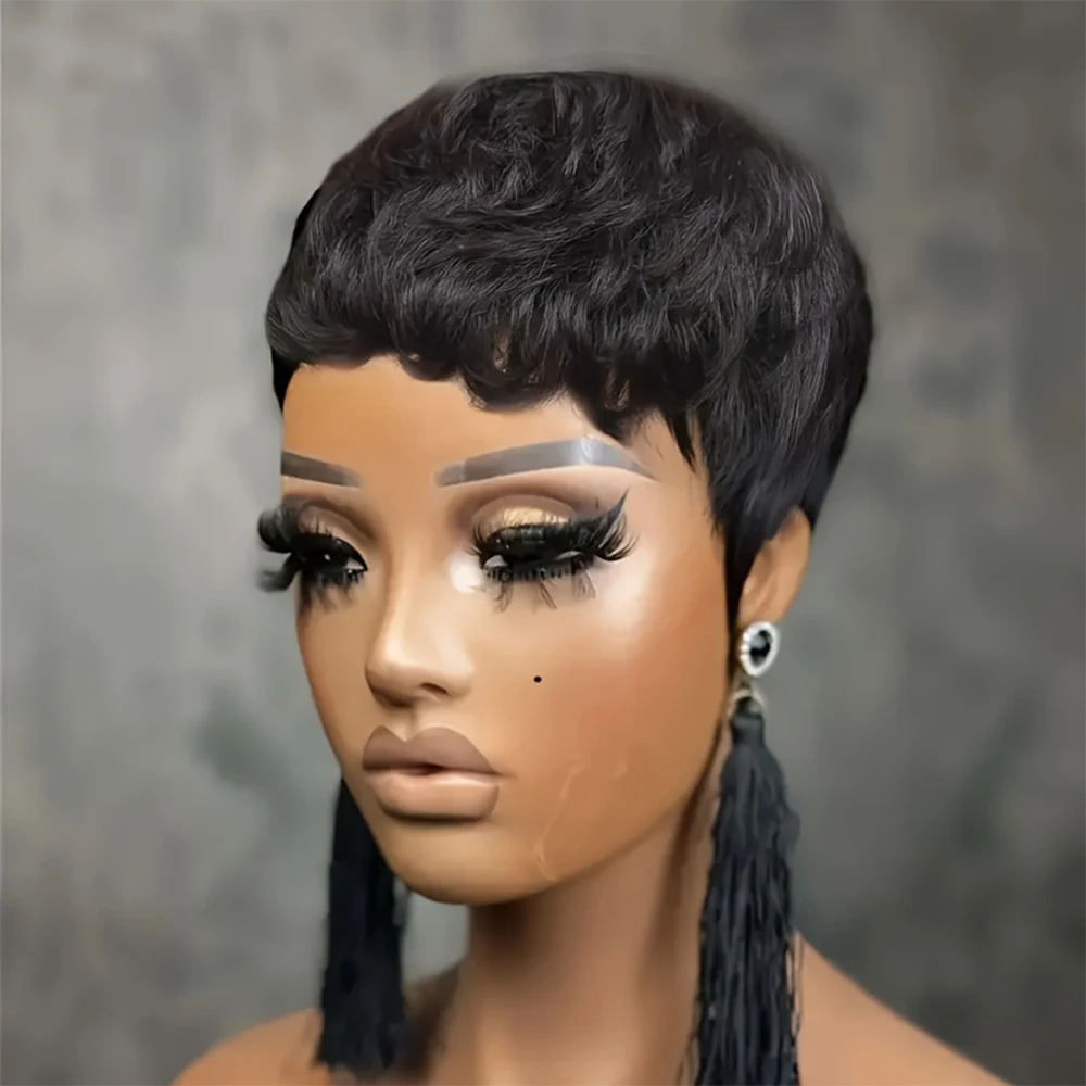 

Elegant Pixie Cut Wig 4inch Short Straight Human Hair Full Machine Made Wigs with Bangs Brazilian Hair