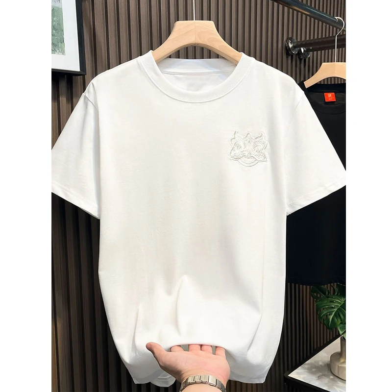 Men Clothing 2024 Summer Trendy Chinese Style Embroidery Short Sleeve Basic T-shirt Casual O Neck Black White Slim Cotton Tops