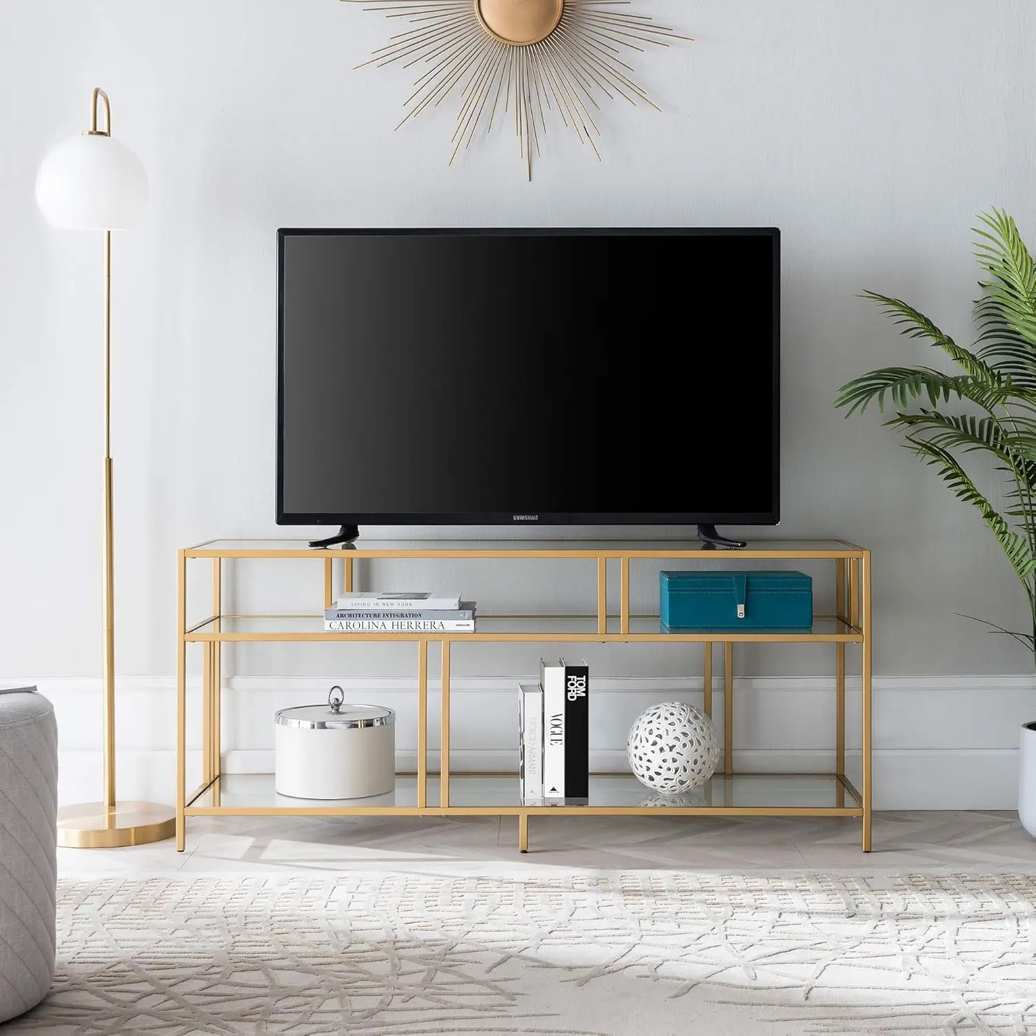 Rectangular TV Stand with Glass Shelves for TV's up to 60" in Brass, TV Stands for the Living Room