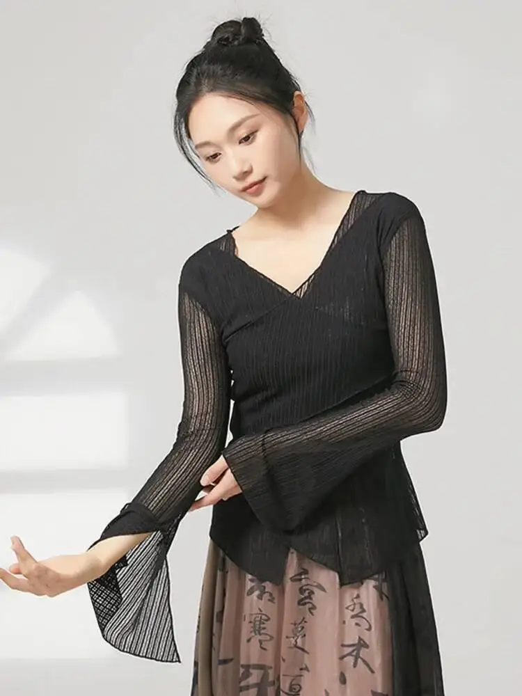 Mulheres dança clássica topo cor sólida malha sino manga longa divisão camisa para desempenho de palco treinamento ensaio traje elegante