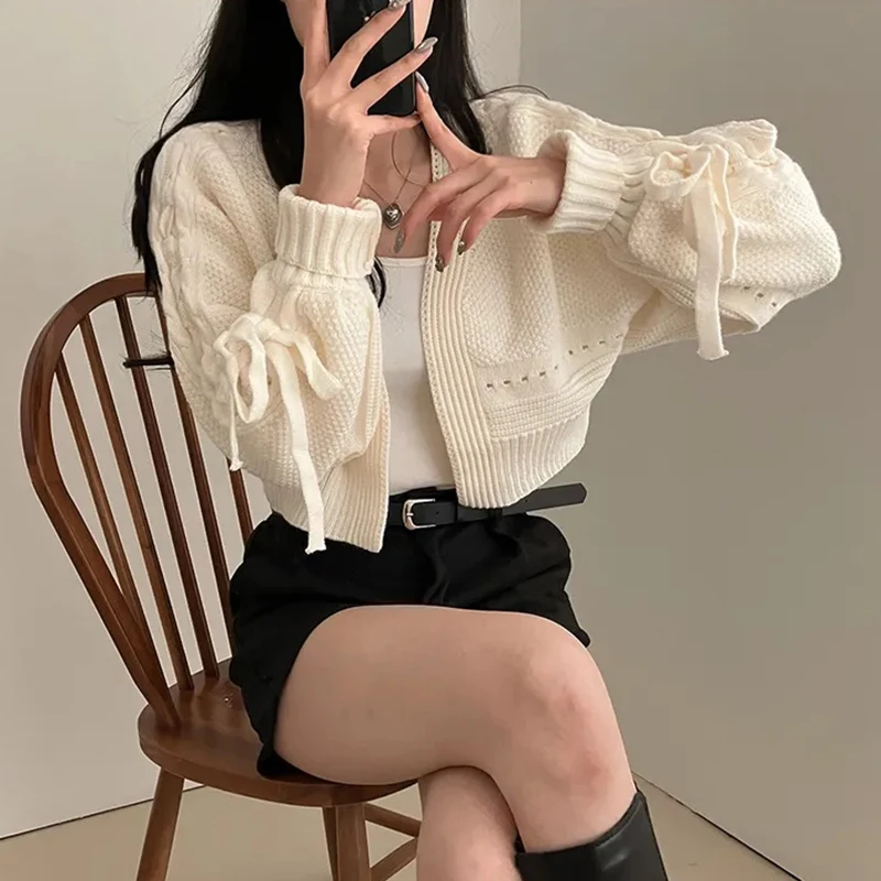 

Нежный стильный свитер, женский осенний ленивый дизайн, универсальный вязаный кардиган на шнуровке