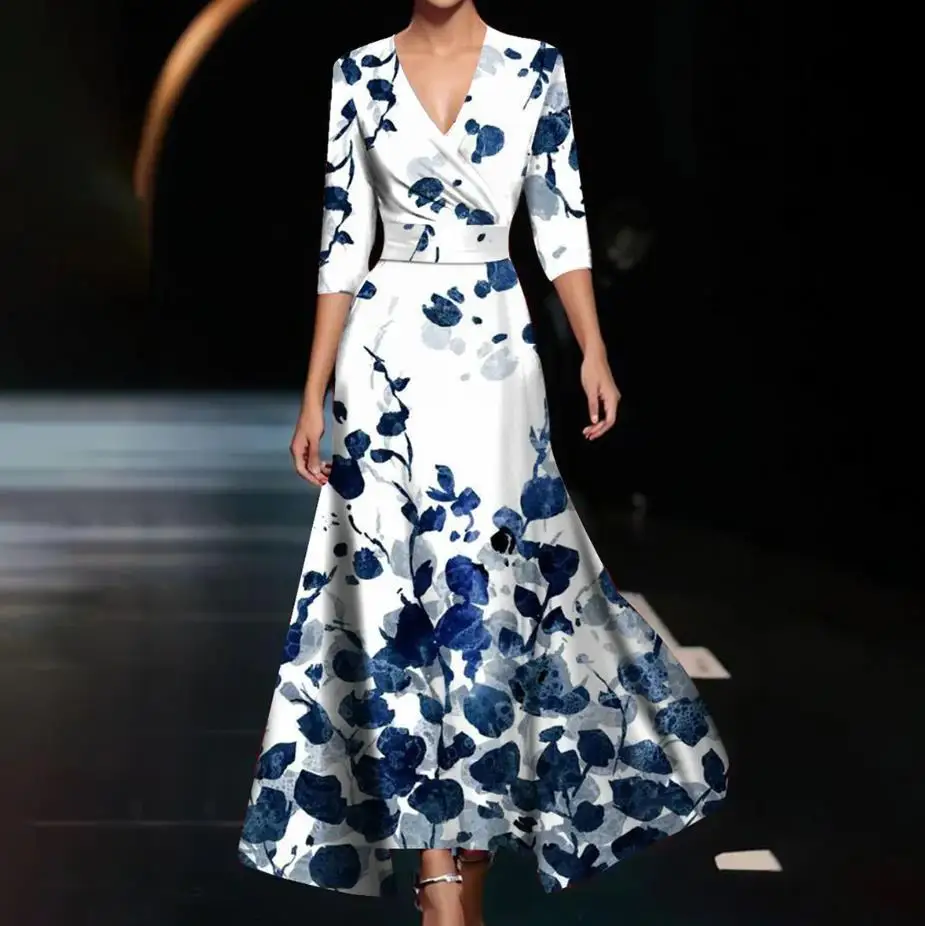 Elegant Women\'s Retro Printed Short Sleeved Dress Spring/Summer New V-neck Pocket Loose Casual Robe Women Clothing Vestidos 2025
