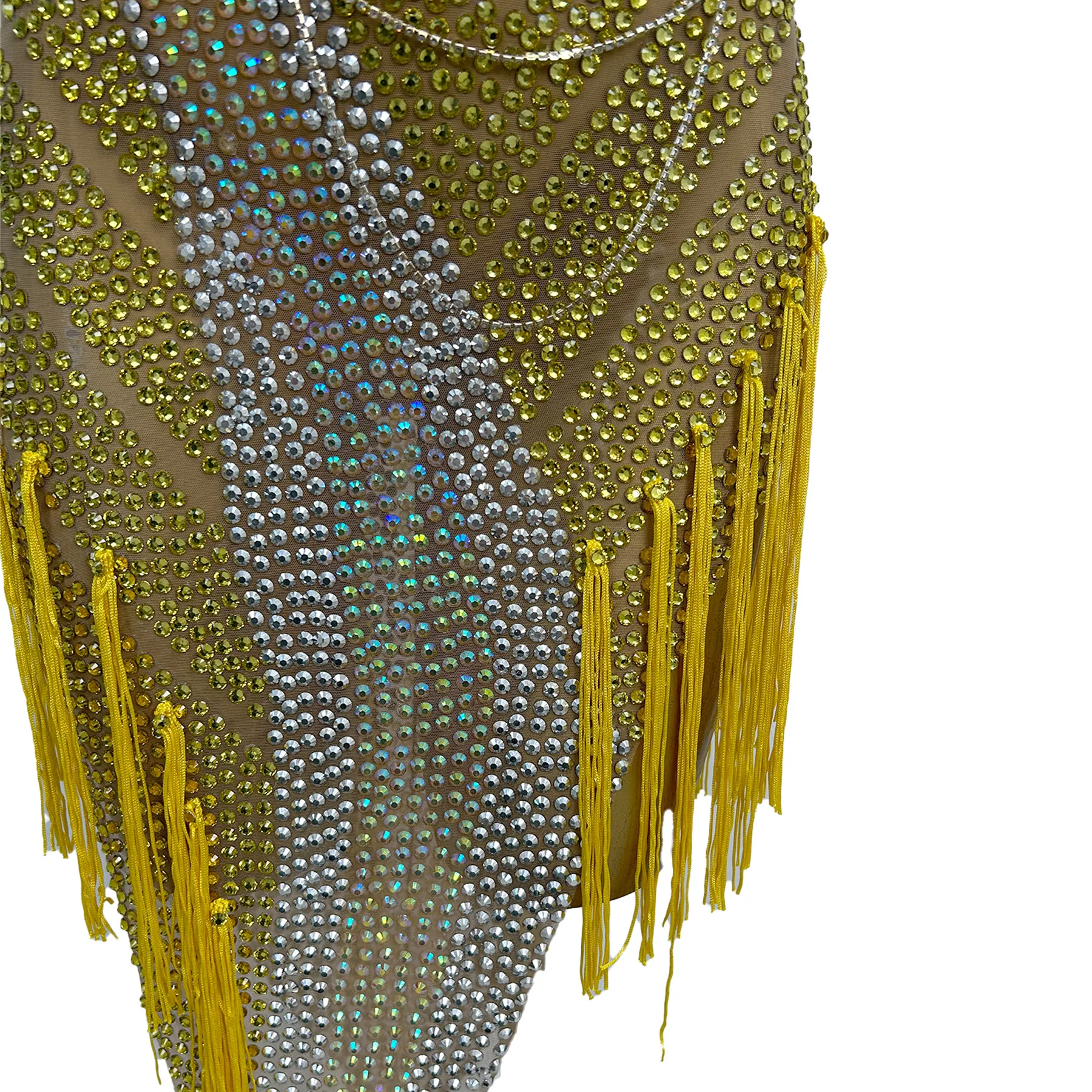 Qingning Luxus Frauen Latin Dance Kleid Glänzende Wasser Diamant Sexy Perspektive Mesh Hals Hängen Kleid Bar Homecoming Prom Kleider