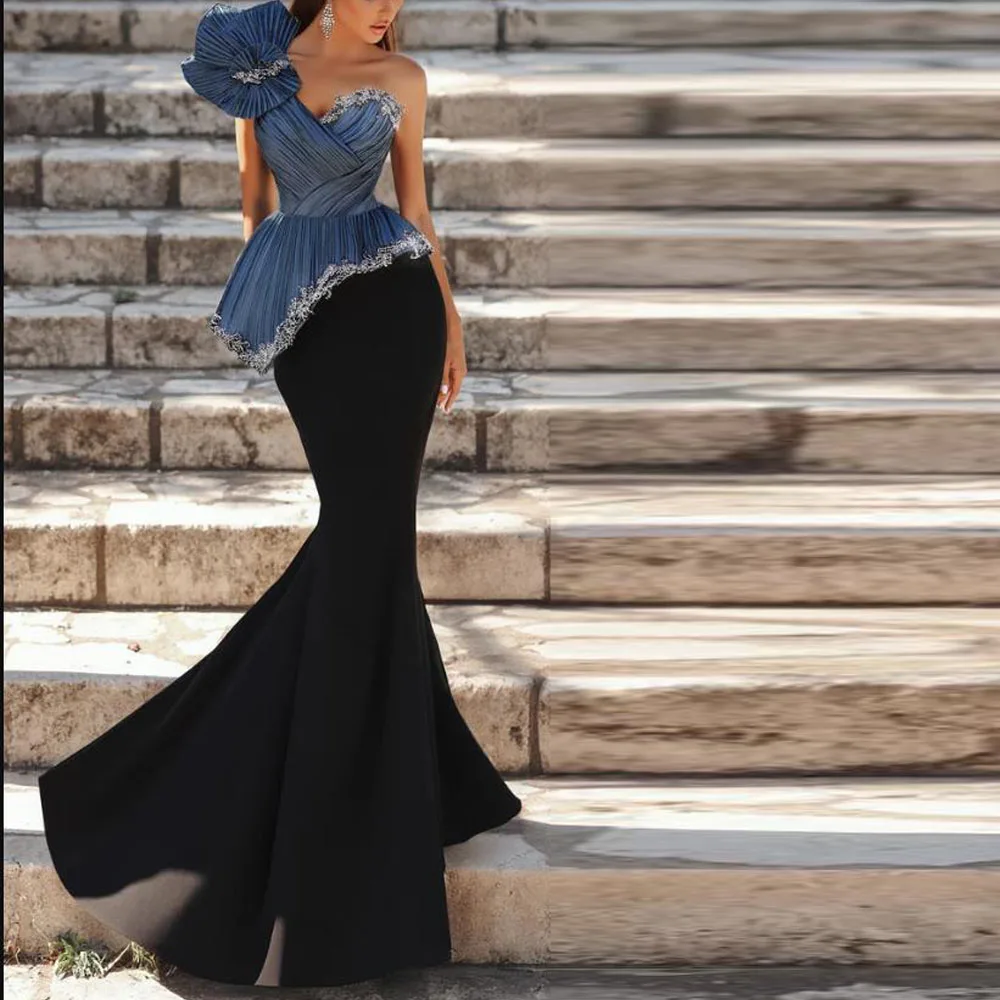 

Customized Contrast Color One Shoulder Evening Dresses Pleat Black Satin Formal Gown 3D Flower with Bead vestidos de soiree