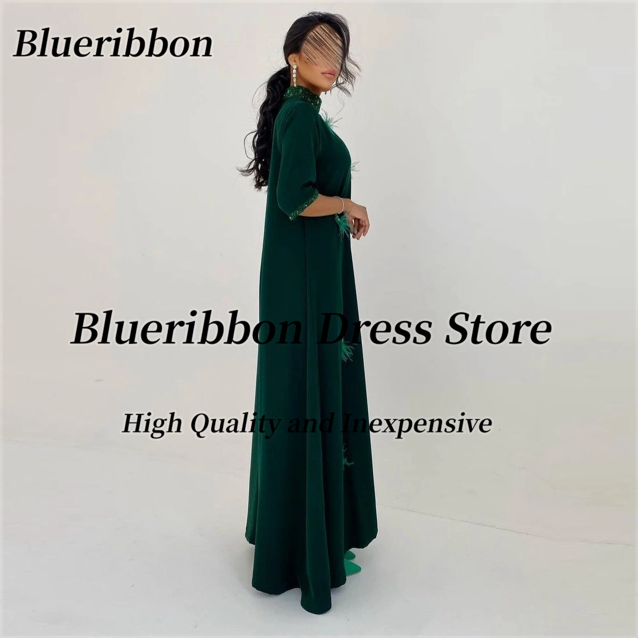 Blueribbon-Vestido largo de cuello alto para mujer, vestidos de fiesta de noche, Arabia Saudita, Media manga, plumas, línea A, graduación