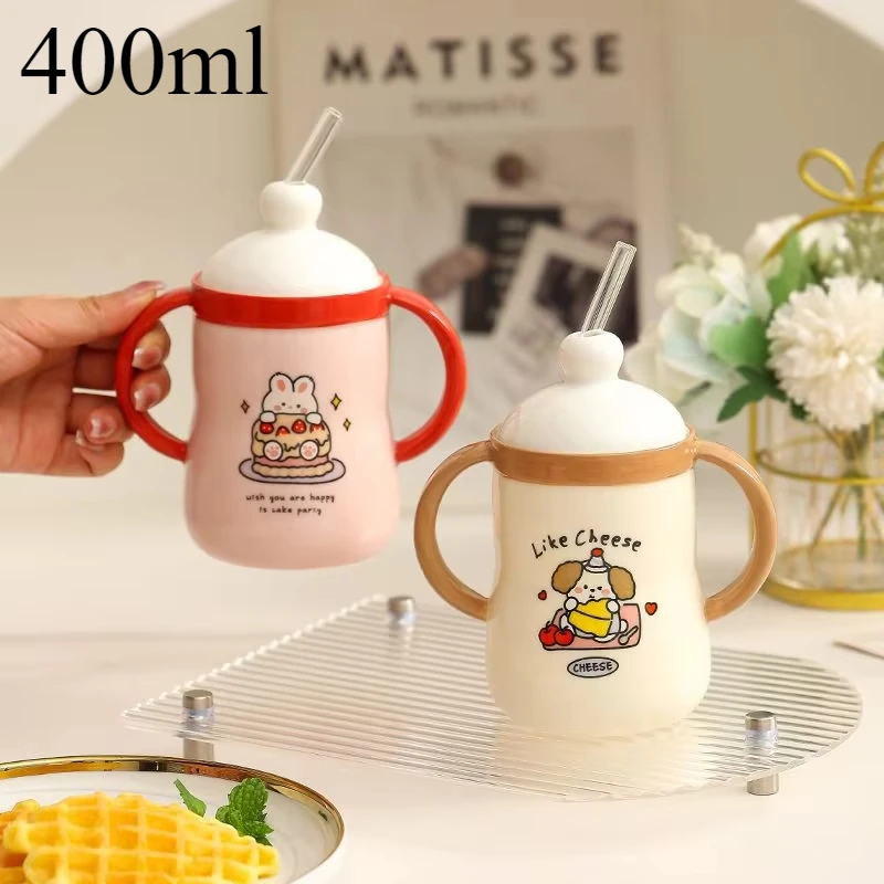 

High Aesthetic Ceramic Straw Cup,Cartoon Two Handle Water Cups,Cute Portable Coffee Mug,Birthday Gift Kawaii Cup, Office Tea Cup