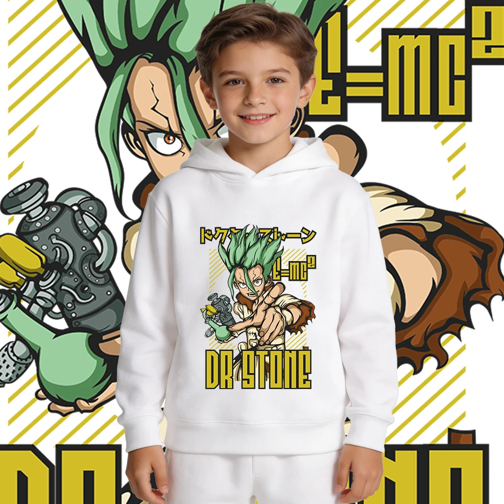 Dr Stone Senku Anime Print Fleece Lined Hoodie for Kids Boys Girls Autumn Winter Casual Clothes Warm