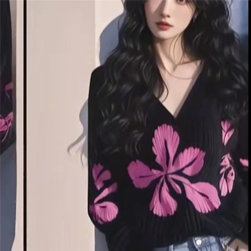Printemps automne tricots pull femmes 2025 nouvelle mode ample décontracté fleur impression hauts col en v chemise noire femme