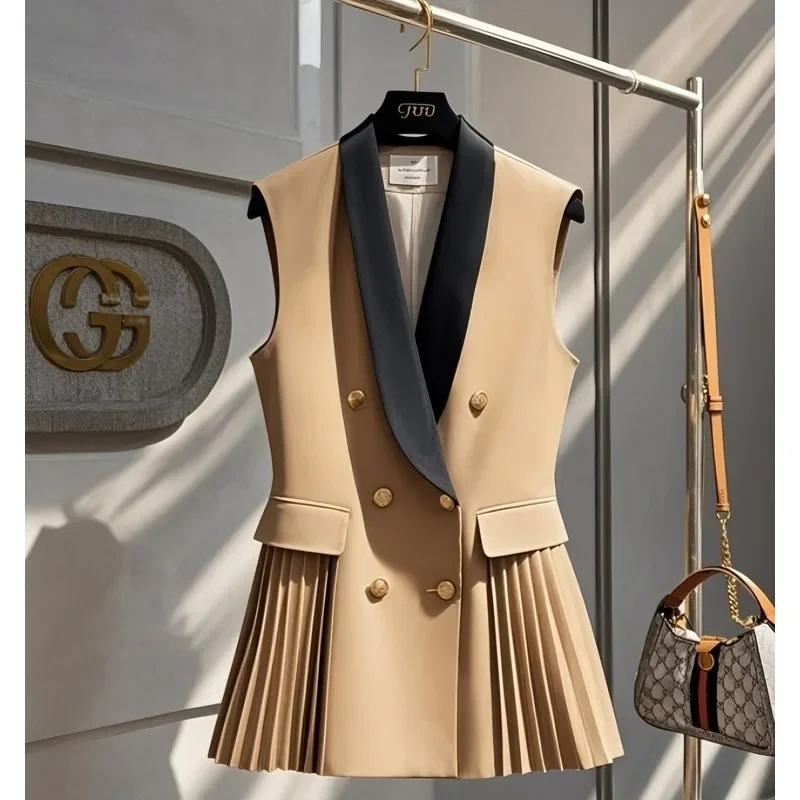 Kaffee Vertikale Falten Kleine Taille Jacken Weste Schal Kragen Elegante Westen Elegante Büro Dame Formelle Kleidung Sommer Frühling