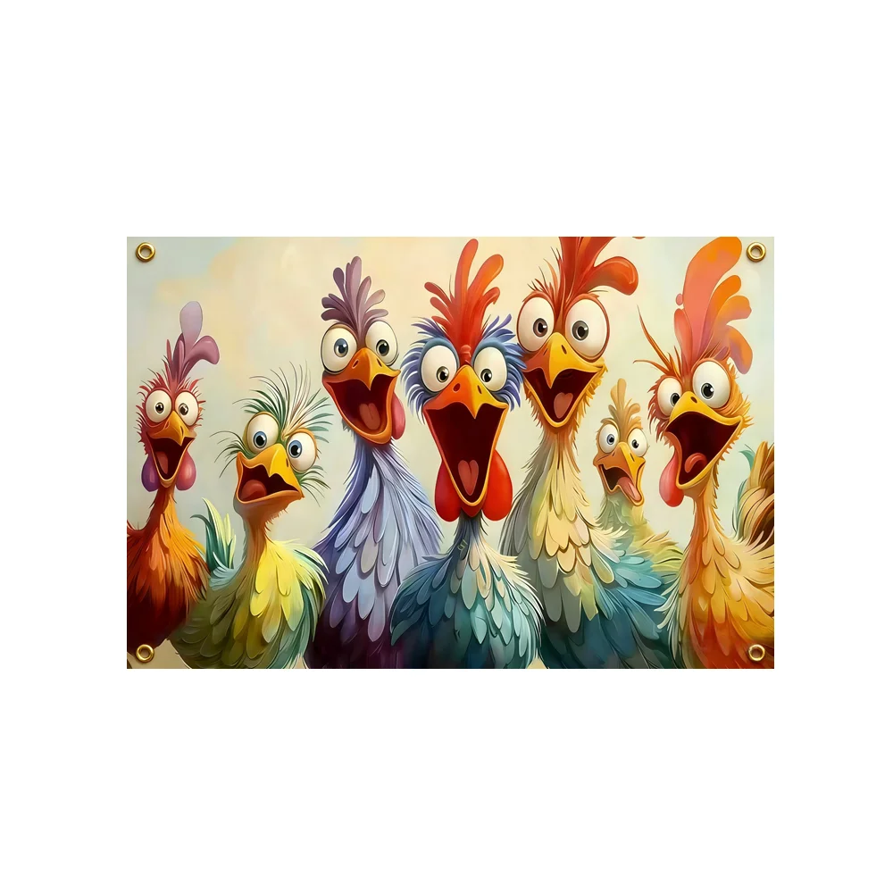 

Funny Colorful Cartoon Chickens Tapestry 2x3ft 3x5ft Polyester Print Novelty Banner for Bedroom Dorm Man Cave Farmhouse Decor