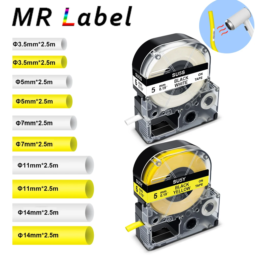 3.5/5/7/11mm Label Heat Shrink Tube SU5S SU11S SU5Y SU11Y SU7Y SU7W Compatible for Epson LabelWorks LW-300 LW-400 LW-600